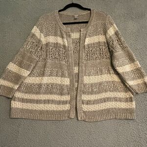 Chico's Womens 3 US XL Cardigan Sweater Tan Cream Metallic Gold threading